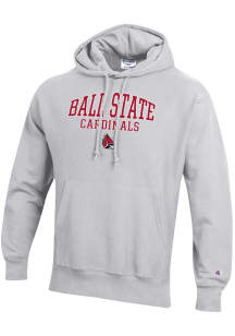 Champion Ball State Cardinals Mens Ash Name and Mascot Reverse Weave Long Sleeve Hoodie