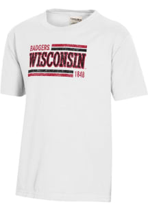 ComfortWash Wisconsin Badgers Youth White Striped Garment Dyed Short Sleeve T-Shirt