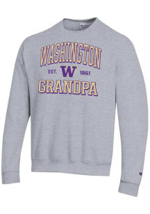 Champion Washington Huskies Mens Grey Est. Date Grandpa Powerblend Long Sleeve Crew Sweatshirt