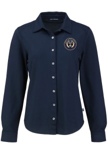 Cutter and Buck Philadelphia Union Womens Advantage Soft Pique Long Sleeve Navy Blue Dress Shirt