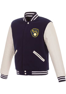 Milwaukee Brewers Mens Navy Blue Rev Fleece Leather Medium Weight Jacket