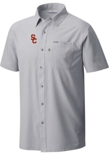 Columbia USC Trojans Mens Grey Heat Seal Slack Tide Camp Short Sleeve Dress Shirt
