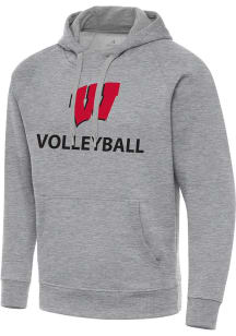 Antigua Wisconsin Badgers Mens Grey Heather Volleyball  Victory Long Sleeve Hoodie