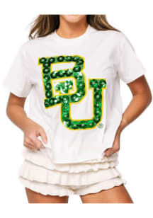 Queen of Sparkles Baylor Bears Womens White Sequin Mascot Flower Short Sleeve T-Shirt