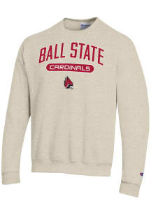 Champion Ball State Cardinals Mens Oatmeal Arch Pill Logo Powerblend Long Sleeve Crew Sweatshirt