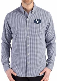 Cutter and Buck BYU Cougars Mens Navy Blue Gingham LS Woven Long Sleeve Dress Shirt