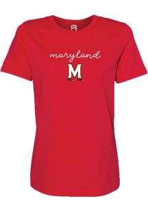 Summit Sportswear Maryland Terrapins Womens Red Rhinestone Script Short Sleeve T-Shirt