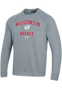 Under Armour Wisconsin Badgers Mens Grey Hockey Rival Long Sleeve Crew Sweatshirt