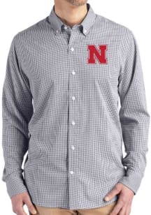 Cutter and Buck Nebraska Cornhuskers Mens Black Gingham LS Woven Long Sleeve Dress Shirt