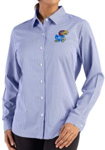 Cutter and Buck Kansas Jayhawks Womens Epic Confidence Gingham Long Sleeve Blue Dress Shirt