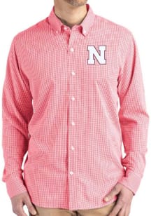 Cutter and Buck Nebraska Cornhuskers Mens Red Gingham LS Woven Long Sleeve Dress Shirt