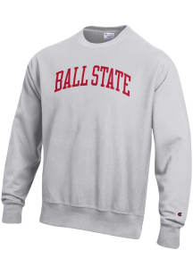 Champion Ball State Cardinals Mens Ash Arch  Reverse Weave Long Sleeve Crew Sweatshirt