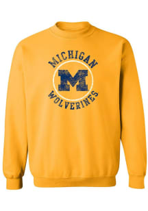Michigan Wolverines Mens Yellow Distressed Circle Logo Long Sleeve Crew Sweatshirt