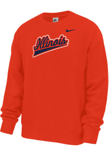 Nike Illinois Fighting Illini Mens Orange Club Fleece Script Long Sleeve Crew Sweatshirt