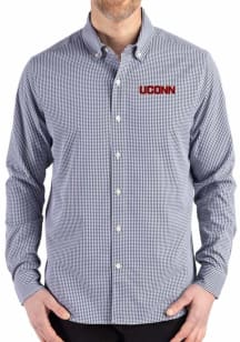Cutter and Buck UConn Huskies Mens Navy Blue Gingham LS Woven Long Sleeve Dress Shirt