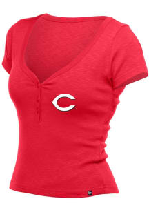 New Era Cincinnati Reds Womens Red Henley Short Sleeve T-Shirt