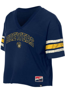 New Era Milwaukee Brewers Womens Navy Blue Raw Short Sleeve T-Shirt