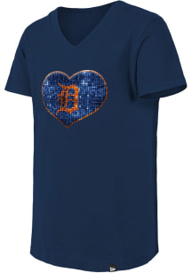 New Era Detroit Tigers Girls Navy Blue Heart Flip Sequin Short Sleeve Fashion T-Shirt