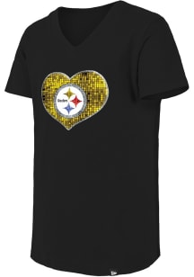 New Era Pittsburgh Steelers Girls Black Heart Flip Sequin Short Sleeve Fashion T-Shirt