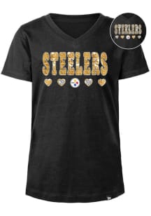 New Era Pittsburgh Steelers Girls Black Wordmark Hearts Flip Sequin Short Sleeve Fashion T-Shirt
