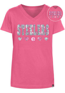 New Era Pittsburgh Steelers Girls Pink Wordmark Hearts Flip Sequin Short Sleeve Fashion T-Shirt