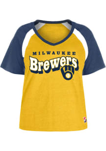 New Era Milwaukee Brewers Womens Gold Raglan V Neck Short Sleeve T-Shirt