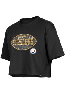New Era Pittsburgh Steelers Girls Black Football Flip Sequin Short Sleeve Fashion T-Shirt
