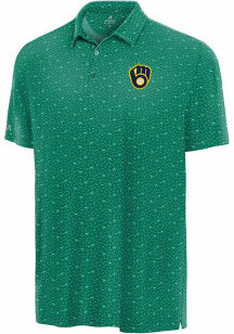Antigua Milwaukee Brewers Mens Green Luckey Run Short Sleeve Polo