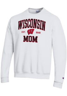 Champion Wisconsin Badgers Mens White EST Date Mom Powerblend Long Sleeve Crew Sweatshirt
