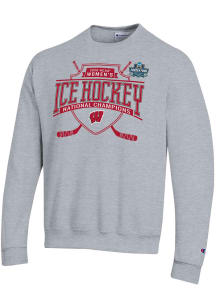 Champion Wisconsin Badgers Mens Grey Women's Hockey National Champs 2026 Powerblend Long Sleeve Cr..