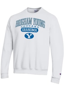 Champion BYU Cougars Mens White Pill Box Grandma Powerblend Long Sleeve Crew Sweatshirt