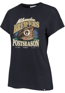 47 Milwaukee Brewers Womens Navy Blue 2025 Postseason Participant Playoff Frankie Short Sleeve T-S..