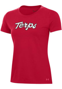 Under Armour Maryland Terrapins Womens Red Metallic Script Short Sleeve T-Shirt