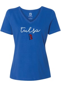 Summit Sportswear Tulsa Golden Hurricane Womens Blue Rhinestone Script Short Sleeve T-Shirt