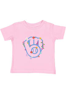 Milwaukee Brewers Toddler Girls Pink Floral Primary Logo Short Sleeve T-Shirt