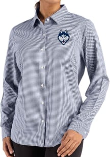 Cutter and Buck UConn Huskies Womens Epic Confidence Gingham Long Sleeve Navy Blue Dress Shirt