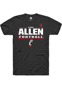 Cyrus Allen Cincinnati Bearcats Black Football NIL Stacked Box Short Sleeve Player T Shirt
