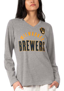 Milwaukee Brewers Womens Grey Distressed LS Tee
