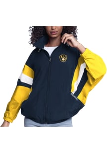 Milwaukee Brewers Womens Navy Blue Game News Light Weight Jacket
