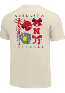 Nebraska Cornhuskers Girls Natural Bows and Bat Short Sleeve Tee