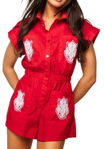 Queen of Sparkles Arkansas Razorbacks Womens Red Sequins Mascot Pocket Romper Short Sleeve Dress