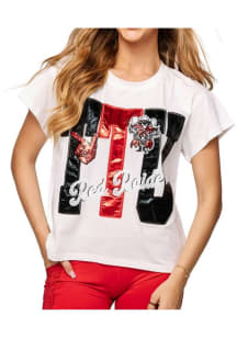 Queen of Sparkles Texas Tech Red Raiders Womens White Metallic Letter with Icons Short Sleeve T-Sh..