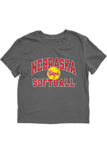 Blue 84 Nebraska Cornhuskers Womens Black Brushback Softball Short Sleeve T-Shirt