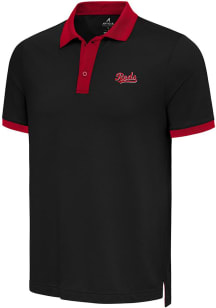 Antigua Cincinnati Reds Mens Black Noble Colorblock Short Sleeve Polo
