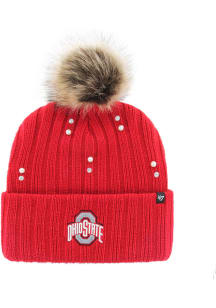 47 Ohio State Buckeyes Red Pearl Fur Cuff Pom Womens Knit Hat