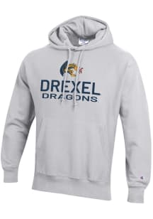 Champion Drexel Dragons Mens Ash Stacked Reverse Weave Long Sleeve Hoodie