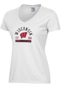 ComfortWash Wisconsin Badgers Womens White Arch Name Logo Est Garment Dyed Short Sleeve T-Shirt