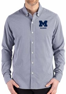 Cutter and Buck Michigan Wolverines Mens Navy Blue Alumni Gingham LS Woven Long Sleeve Dress Shirt